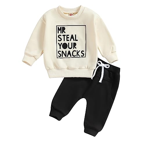 Frietlebird Toddler Baby Boy Clothes Crewneck Sweatshirt Long Sleeve Letter Print Shirt with Elastic Waist Pants Set Fall Winter Outfits(LA-Apricot Mr Steal Your Snacks,2-3T)