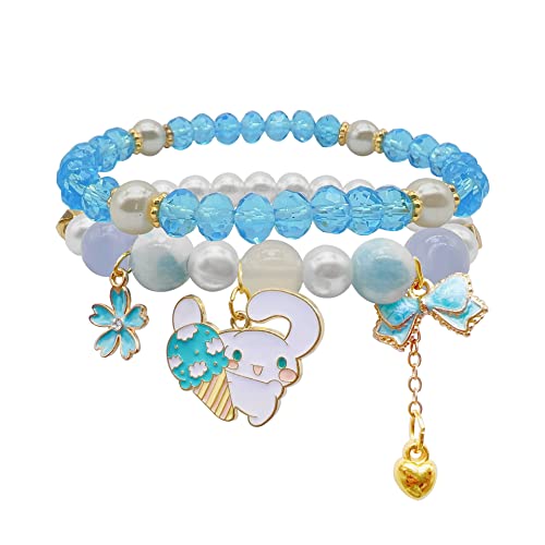 Crystal Bead Bracelet Cinnamoroll Macroeared Rabbit Bracelets Cute Cartoon Elastic Beaded Pearl Bracelets for Women(E, adjustable)