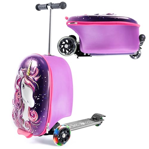 KIDDIETOTES 3-D Hardshell Ride On Suitcase Scooter for Kids - Cute Lightweight Kids Luggage with Wheels - Fun LED Lights