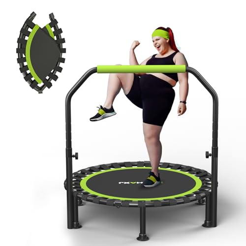 ZCMHAXJ Foldable Mini Trampoline, 40' Rebounder Trampoline for Adults with U Shape Adjustable Bar, 450LBS Capacity Exercise Trampoline Indoor, Fitness Workout Trampoline for Adults&Kids