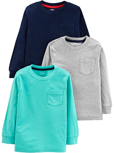 Simple Joys by Carter's Boys' Toddler 3-Pack Long Sleeve Shirts, Aqua Green/Grey/Navy, 2T