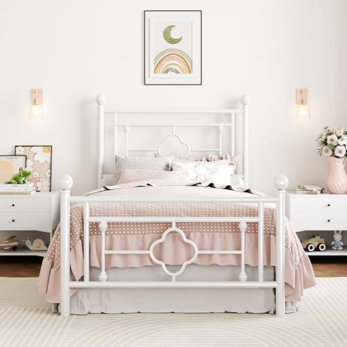 SHA CERLIN 14 Inches Twin Size Metal Platform Bed Frame/Vintage Iron-Art Headboard and Footboard/Mattress Foundation for Storage/No Box Spring Needed/Noise-Free/Easy Assembly/White