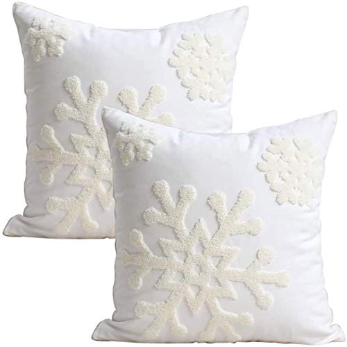 Elife 18x18 Soft Canvas Christmas Winter Snowflake Style Cotton Linen Embroidery Throw Pillows Covers w/Invisible Zipper for Bed Sofa Cushion Pillowcases for Kids Bedding (1 Pair, White)