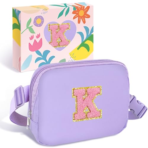 COSHAYSOO Christmas Birthday Initial Gifts for Teen Girls 5 6 7 8 9 10 11 12 13 14 Year Old Purple Fanny Pack for Girls Belt Bag Crossbody Travel Purse Unique Trendy Preppy Stuff Chenille Letter K