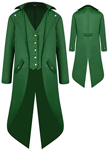 Boys Medieval Tailcoat Jacket Halloween Costumes, Gothic Steampunk Vintage Victorian Frock High Collar Uniform Coat(Green,X-Large(US12-14))