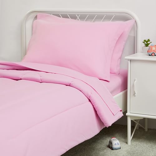 Amazon Basics 2 Piece Microfiber Kid's Bed-in-a-Bag Bedding Set, Toddler, Pink, Solid