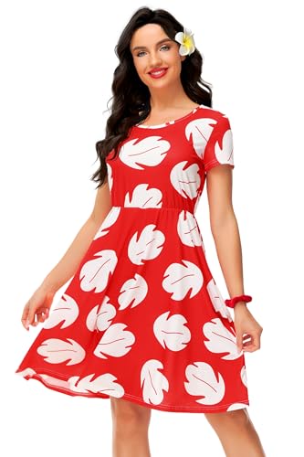 Lilo Costume Dresses for Women Red Leaf Anime Cosplay Outfits Hawaiian Tropical Casual Dress M