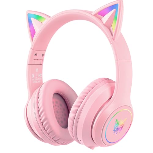 ONITOON Cat Ear Bluetooth Headphones with Micphone for Kids & Adults, LED Light Up Wireless HI-FI Sound Quality, Over-Ear Headphones with Volume Control for iPhone/iPad/Laptop/PC(55H Play Time)