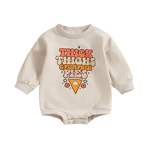 FOCUSNORM Thanksgiving Newborn Baby Girl Outfit Toddler Pumpkin Sweatshirt Romper Long Sleeve Onesie Infant Fall Clothes (Apricot Pumpkin, 6-12 Months)