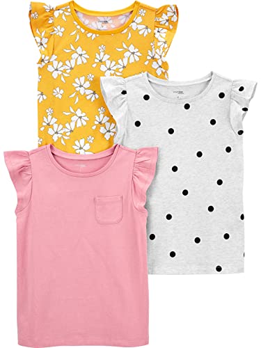 Simple Joys by Carter's Girls' Short-Sleeve Shirts and Tops, Pack of 3, Grey Polka Dot/Pink/Yellow Flowers, 3T