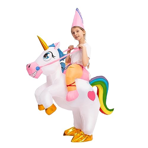 Spooktacular Creations Kids Halloween Inflatable Costumes, Riding a Unicorn, Colorful Air Blow-up Deluxe Set with Hat, Ride-on Halloween Costumes (White, 7-10 Yrs)