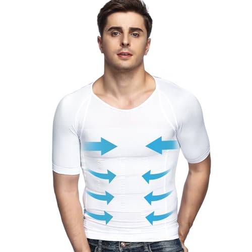 Odoland Men's Body Shaper Slimming Shirt Tummy Vest Thermal Compression Base Layer Slim Muscle Short Sleeve Shapewear, White XL