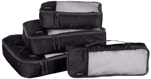 Amazon Basics - 4 Piece Packing Durable Travel Organizer Mesh Zipper Cubes Set, Small, Medium, Large, Slim, Black