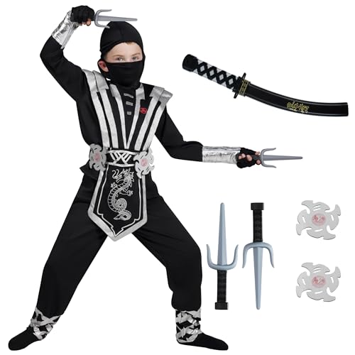 Spooktacular Creations Halloween Ninja Costume for Kids, Silver Boys Ninja Costume, Toddler Ninja Accessories Costume Set for DressUp and Cosplay Party (Small (5-7 yrs))