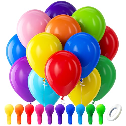 Bezente Assorted Rainbow Latex Balloons, 100 Pack 12 inch Round Helium Bright Color Balloons for Birthday Baby Shower Wedding Party Decorations