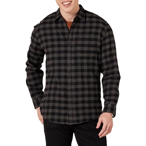 Amazon Essentials Men's Long-Sleeve Flannel Shirt (Available in Big & Tall), Charcoal Buffalo Plaid, X-Large