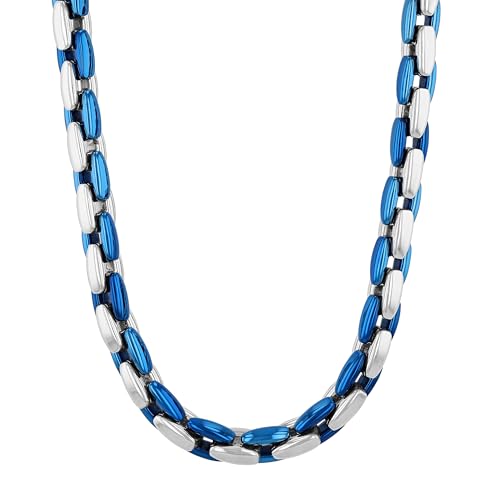 Two-Tone Stainless Steel 6.3mm Link Chain Necklace w/Polished Blue Finish, 24”