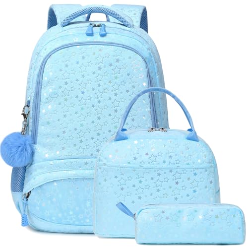 Girls Backpack and Lunch Box Set, 3 in 1 Blue Fluffy Girls Backpack with Pencil Case for School Girls, Cute Soft Plush School Backpack for Preschool Kindergarten Elementary