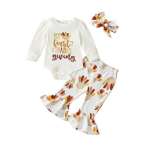 Twopumpkin My First Thanksgiving Baby Girl Outfit Newborn Turkey Onesie Romper Bell Bottoms 1st Thanksgiving Clothes (My First Thanksgiving Turkey White, 0-3 Months)