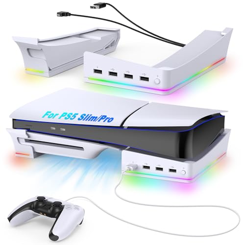 Auarte RGB Horizontal Stand for PS5 Pro / Slim Console Accessories with 14 Light Mode and 4 USB Hubs, Side Stand for Playstation 5 Pro Slim Disc & Digital, Base Holder with Controller Charging, White