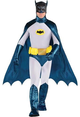 Party City Classic Batman Costume for Men - DC Superhero Suit Costume Includes Jumpsuit, Mask, Cape, Gloves, Belt, & Boot Covers - Costumes for Halloween, Birthday Parties, & Themed Events Multi