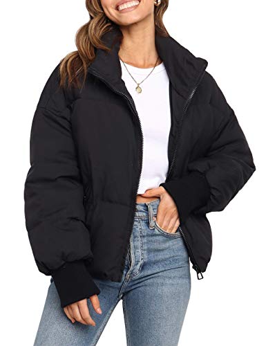 MEROKEETY Women's 2024 Winter Long Sleeve Zip Puffer Jacket Pockets Baggy Short Down Coats, Black, M