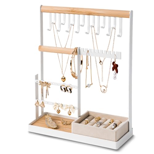 DreamGenius Jewelry Organizer Stand with Velvet Ring Holder, 4 Tier Jewelry Holder Organizer with 15 Hooks Necklace Organizer and Bracket Holder, Jewelry Stand with 16 Holes for Earring Holder, White