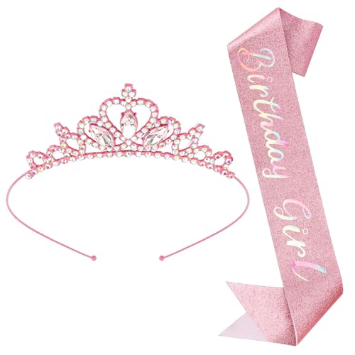 CUBACO Birthday Tiaras for Girls,Pink Birthday Crown Decorations and 'Birthday Girl' Sashes for Women Birthday Girl Headband Suitable Princess Party Decorations Birthday Gifts for Women