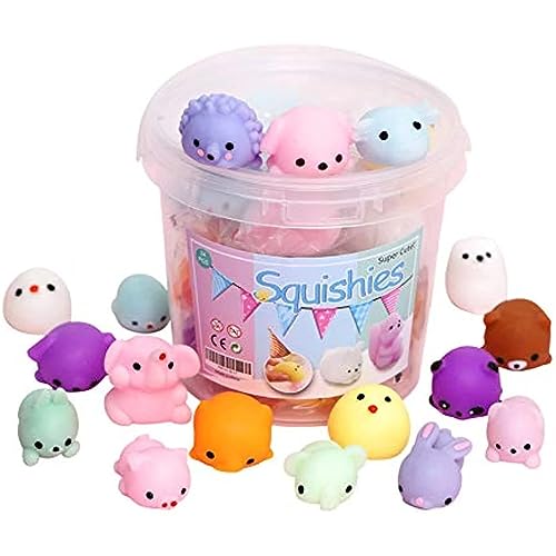 KINGYAO Squishies Squishy Toy 24pcs Party Favors for Kids Mochi Squishy Toy moji Kids Mini Kawaii squishies Mochi Stress Reliever Anxiety Toys Easter Basket Stuffers fillers with Storage Box