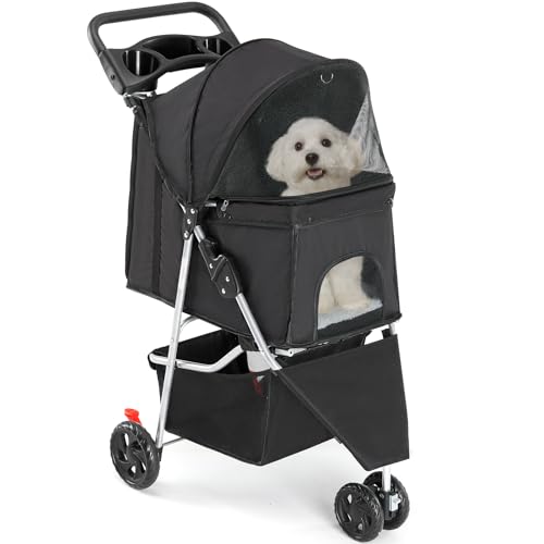 Sweetcrispy Pet Stroller for Dogs and Cats | Foldable, Lightweight, and Durable | Ideal for Small to Medium Pets | Includes Storage Basket and Cup Holders