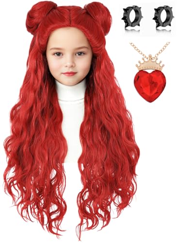 AMZCOS Kids Red Costume Wig with Buns and Red Necklace Earrings Long Red Wavy Hair Wigs for Girls Halloween Cosplay (Kids)