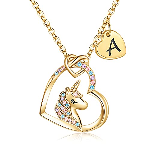 Hidepoo Unicorn Necklace Gifts - 14K Gold Plated Cubic Zirconia Heart Pendant Unicorn Necklace Jewelry A Initial Heart Unicorn Necklace Heart Necklace Unicorn Jewelry Birthday Gifts Unicorns Gifts