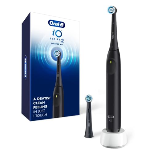 Oral-B iO Series 2 Rechargeable Electric Powered Toothbrush Starter Kit, Night Black with 2 Brush Heads - Automatic Pressure Sensor to Protect Gums - 3 Modes - 2 Min Timer