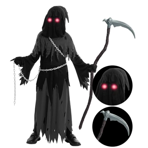 Spooktacular Creations Glowing Eyes Grim Reaper Costume for Kids, Halloween Costume for Boys, Phantom Costume-M(8-10yr)