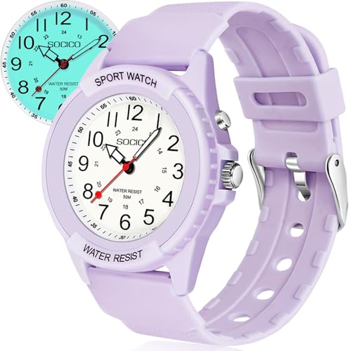 SOCICO Teen Watches for Boys Girls, Waterproof Analog Watch with Night Light, Easy to Read and Soft Band for Teenagers Aged 12-18 Birthday Gift (Purple)