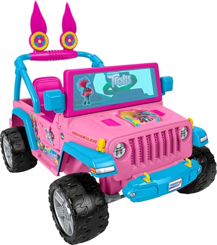 Power Wheels Ride-On Toy Trolls Band Together Jeep Wrangler Vehicle with Sounds, Multi-Terrain Traction, Seats 2, Ages 3+ Years