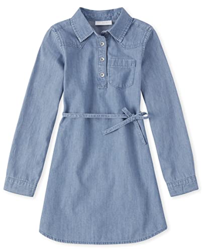 The Children's Place Girls' Long Sleeve Fashion Dress, Arya Wash Denim, Medium