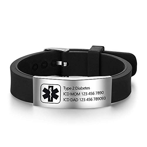 OPALSTOCK Personalized Adjustable Medical Bracelets Sport Emergency ID Bracelets Engraving 9 Inches Silicone Waterproof ID Alert Bracelets for Men Women (Black-1)