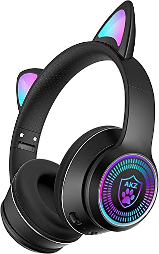 Zuri Sana Cat Ear Gaming Bluetooth 5.2 Wireless Foldable Headphones with LED Light, Over Ear Stereo Sound Music Headsets with Microphone AUX for PC TV Pad Cellphone Laptop Game Kids Adults Gift