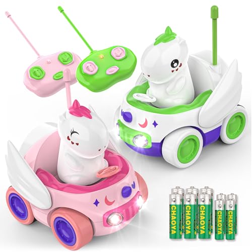 Kroyedfuw 2 Pack Unicorn Remote Control Car for Toddler, Unicorns Gifts for Girls and Boys, Car Toys for Kids with LED Lights and Music, Christmas Birthday Gifts for Baby 2 3 4 5 Year Old