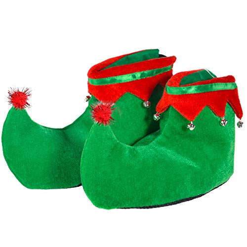 Skeleteen Red Green Elf Shoes - Red and Green Velvet Holiday Elf Feet Slippers with Jingle Bells for Adults and Kids