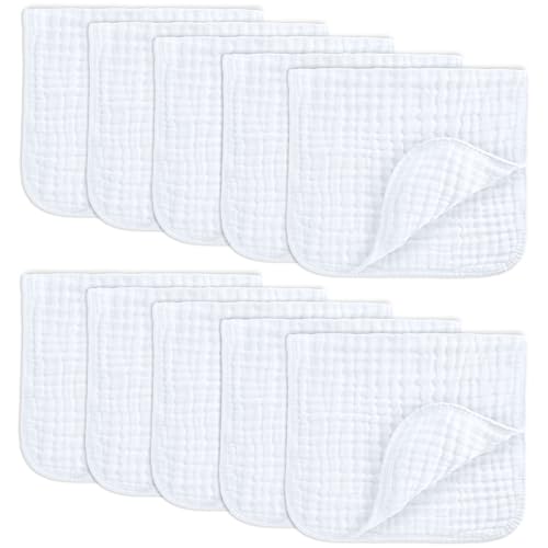 Comfy Cubs Muslin Burp Cloths Set Large 100% Cotton Hand Washcloths for Babies, Baby Essentials 6 Layers Extra Absorbent and Soft Boys & Girls Baby Bibs & Burp Cloths Set (White, 10-Pack, 20' X10')