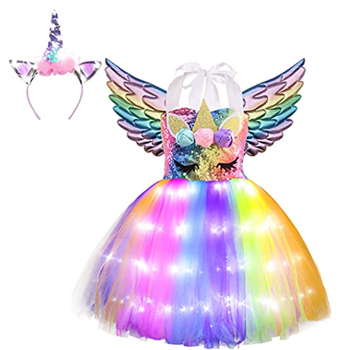 Viyorshop Girl Unicorn Costume Unicorn Tutu Dress Up Birthday Gifts LED Light Unicorn Dress for Halloween Party Costumes (Rainbow Sequins, 3-4T)