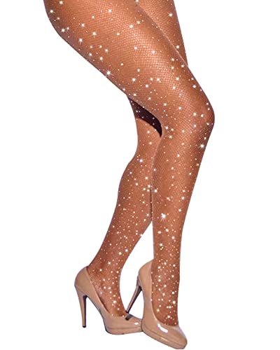 CHRLEISURE Women's Sparkle Rhinestone Fishnets, Sexy Sparkly Glitter Party Concert Outfit Fishnet Stockings (Skin)