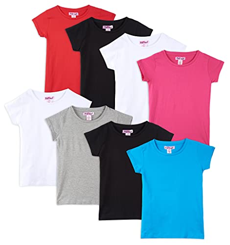 Pink Angel Kids Girls Cotton Crew Neck Shirt, Casual Solid Plain Short Sleeve Tees - 8 Pack, Assorted Colors