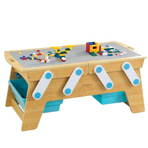 KidKraft Building Bricks Play N Store Wooden Table, Children's Toy Storage with Bins, 200+ Building Blocks Included, Natural, Gift for Ages 3+