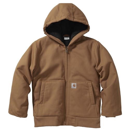 Carhartt Boys' Flannel-Lined Hooded Canvas Insulated Zip-Up Jacket, Brown, 10-12 Years