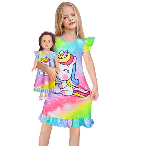 LQSZ Matching Doll and Girl Nightgown Flutter Short Sleeves Nightie Unicorn Rainbow Pajamas for Girls & 18' Dolls Clothes 5 6t