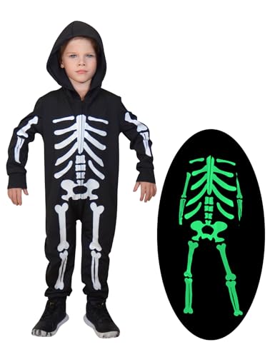 Enlifety 3T 4T Toddler Boys Glow In The Dark Skeleton Costume Girls Scary White Skull Bone Print Jumpsuit with Hood for Halloween Cosplay Party Holiday