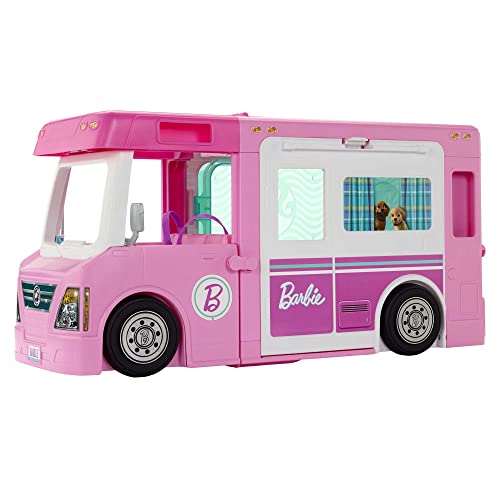 Barbie Camper Playset, 3-in-1 DreamCamper with Pool & 50 Accessories, Transforms into Doll-Sized Truck, Boat & House (Amazon Exclusive)